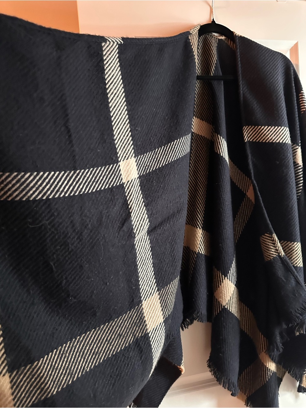 Barbour Black and Cream Plaid Fringe Wrap